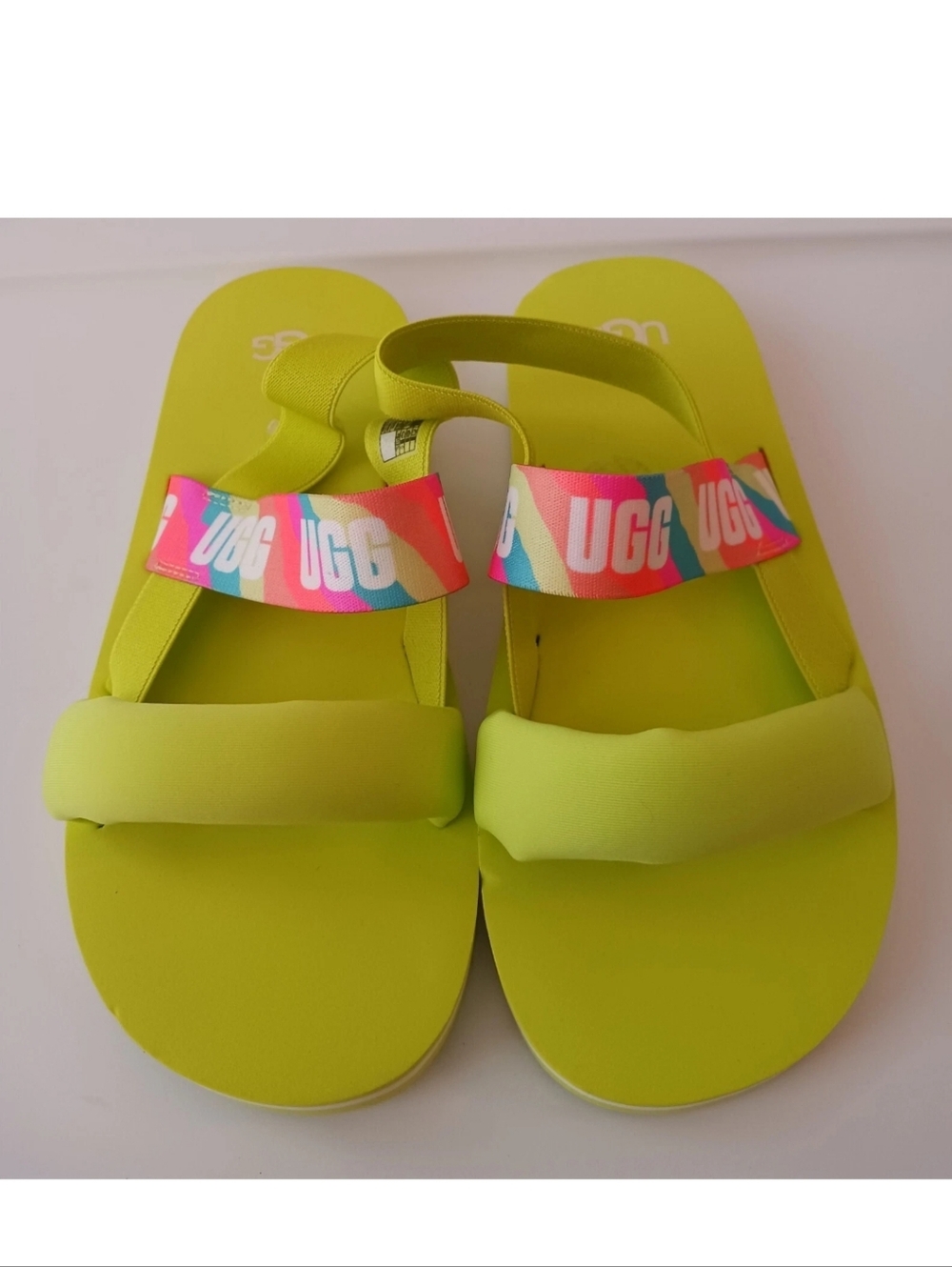 UGG Kids Neon Lime Sandals with Rainbow Logo Strap